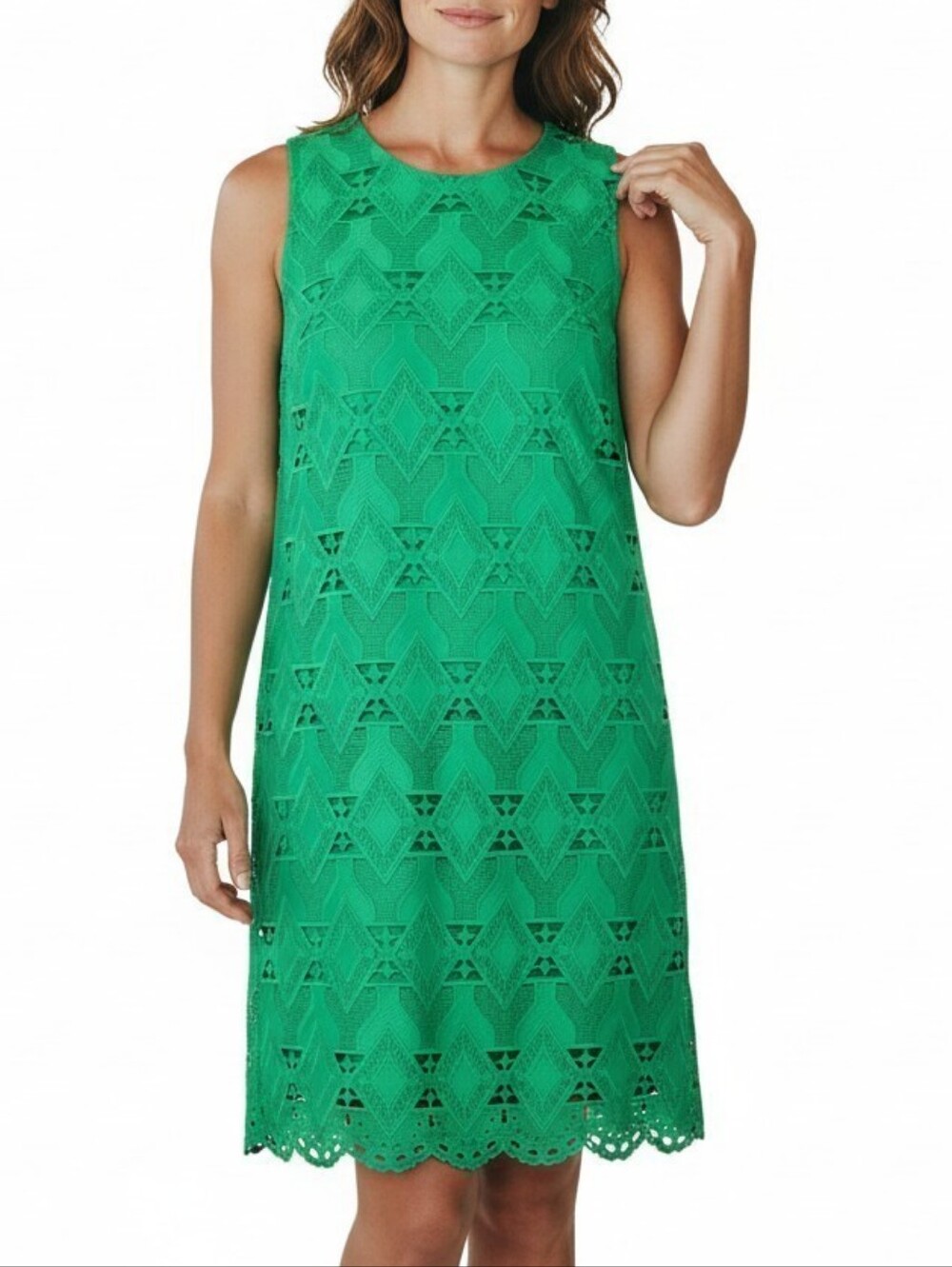 Tahari ASL Dress Size 10 Bright Green Geometric Lace Overlay Scalloped Hem Zip